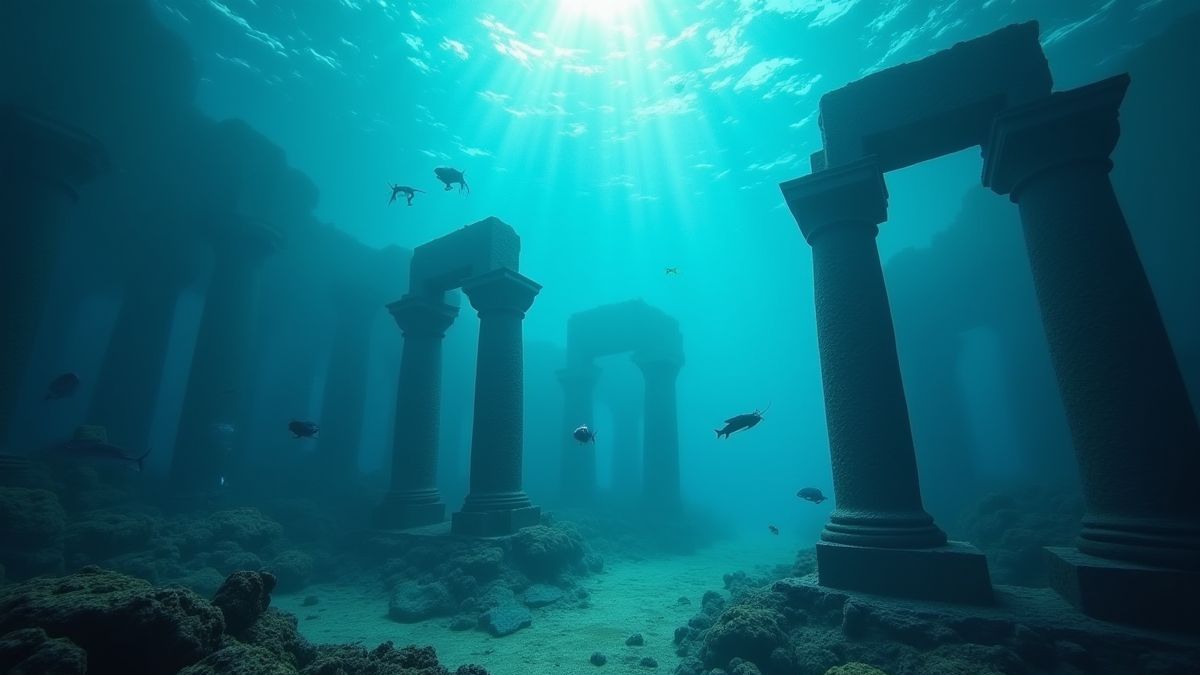 Ruínas submarinas brilhantes rodeadas de vida marina.