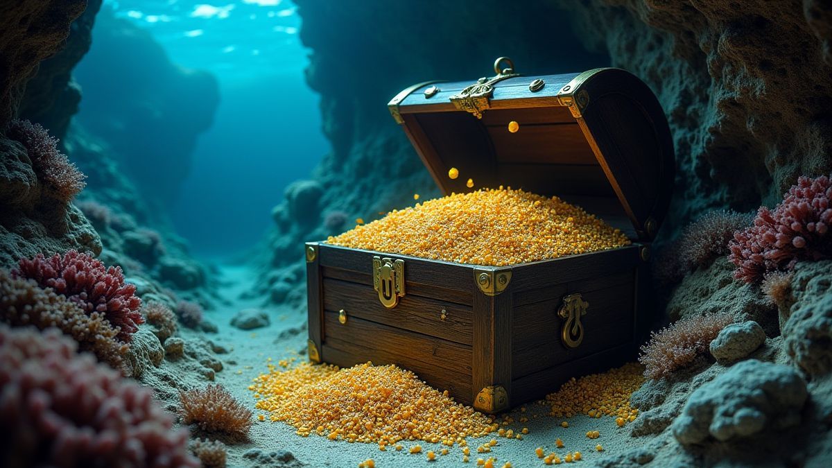 Um cofre do tesouro cheio de ouro e joias em uma caverna submarina.