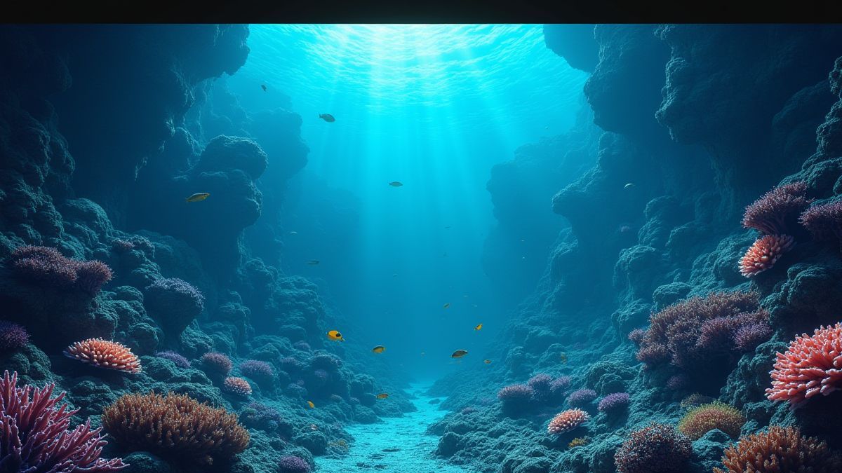Um palácio submarino rodeado de coral brilhante e peixes.