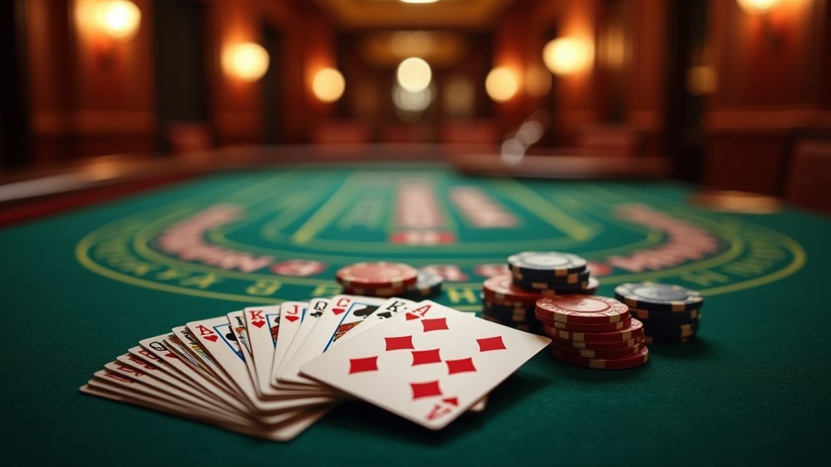Cartes, jetons et une table de blackjack dans un casino élégant.