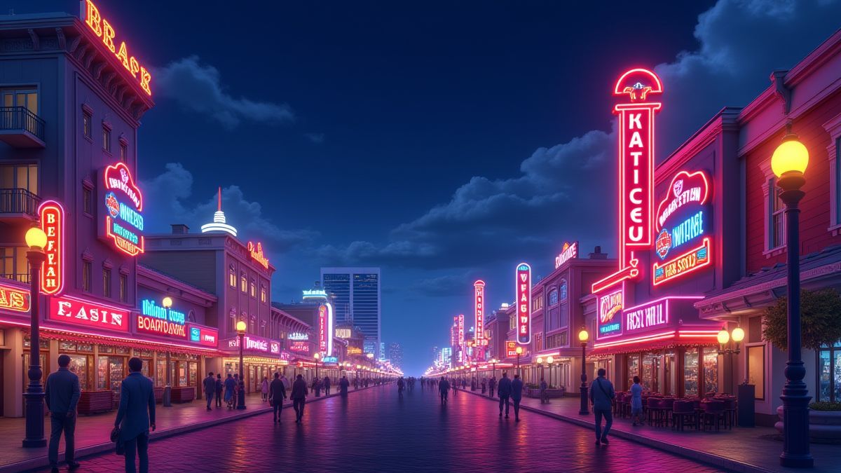 Nachtzicht van de Atlantische Stad promenade met neonlichten.