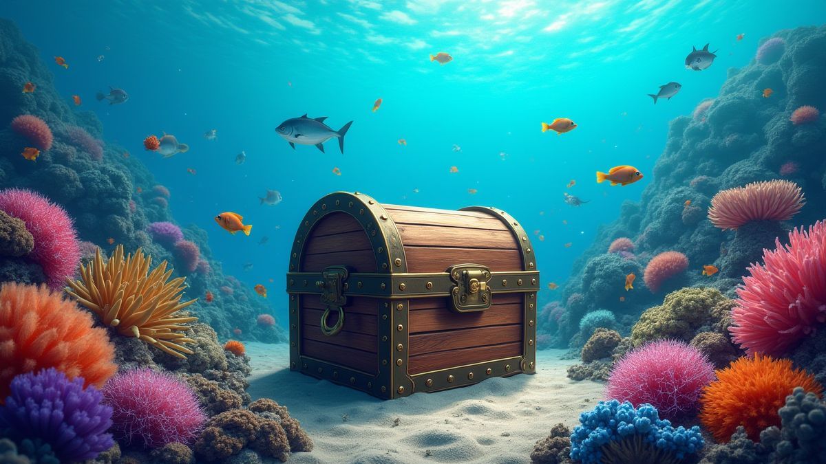 Baú do tesouro cercado de coral e peixes debaixo d'água