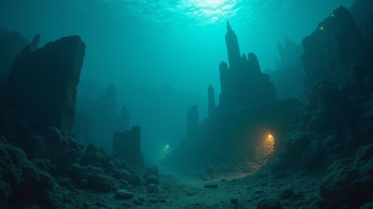 Ruínas submarinas com luzes brilhantes