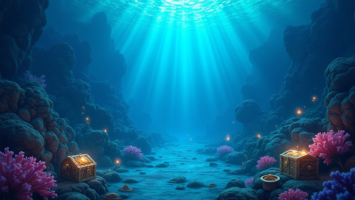 Un royaume sous-marin avec des trésors brillants et des récifs coralliens.