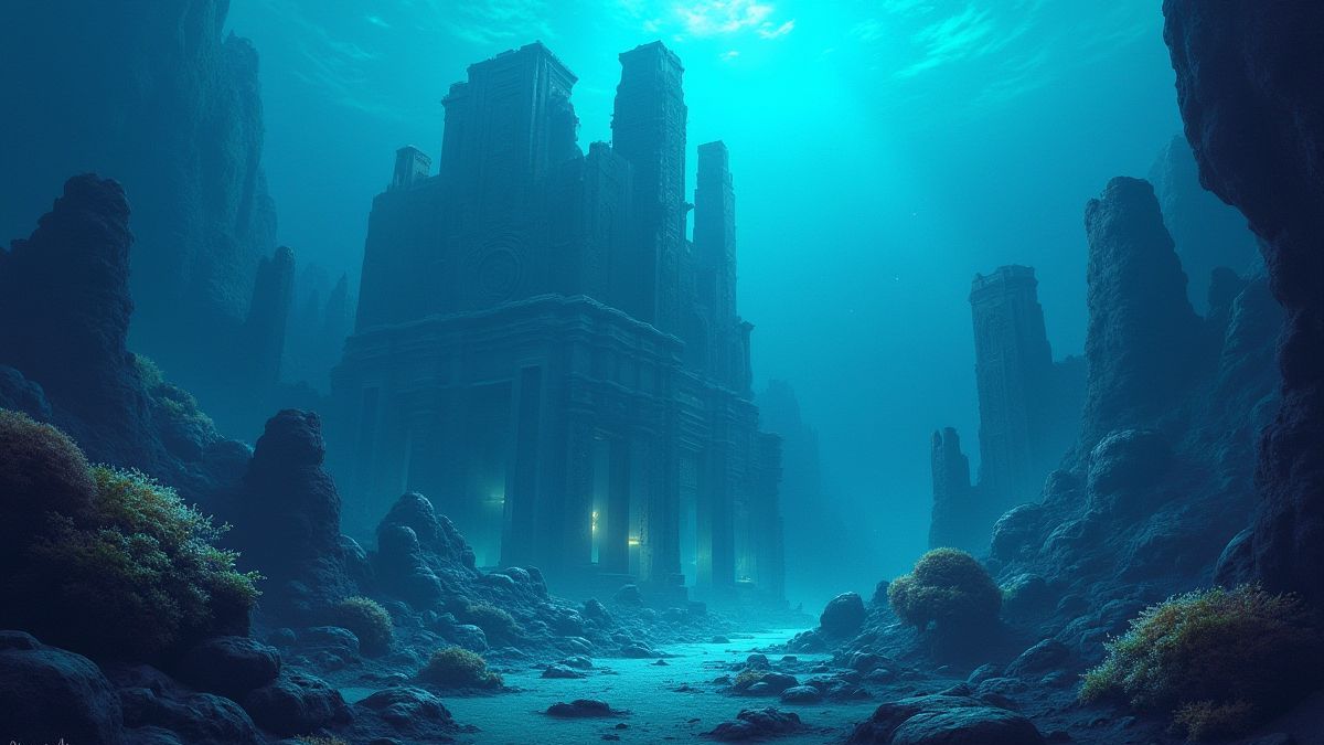 Una ciudad submarina antigua rodeada de corales brillantes y ruinas misteriosas.