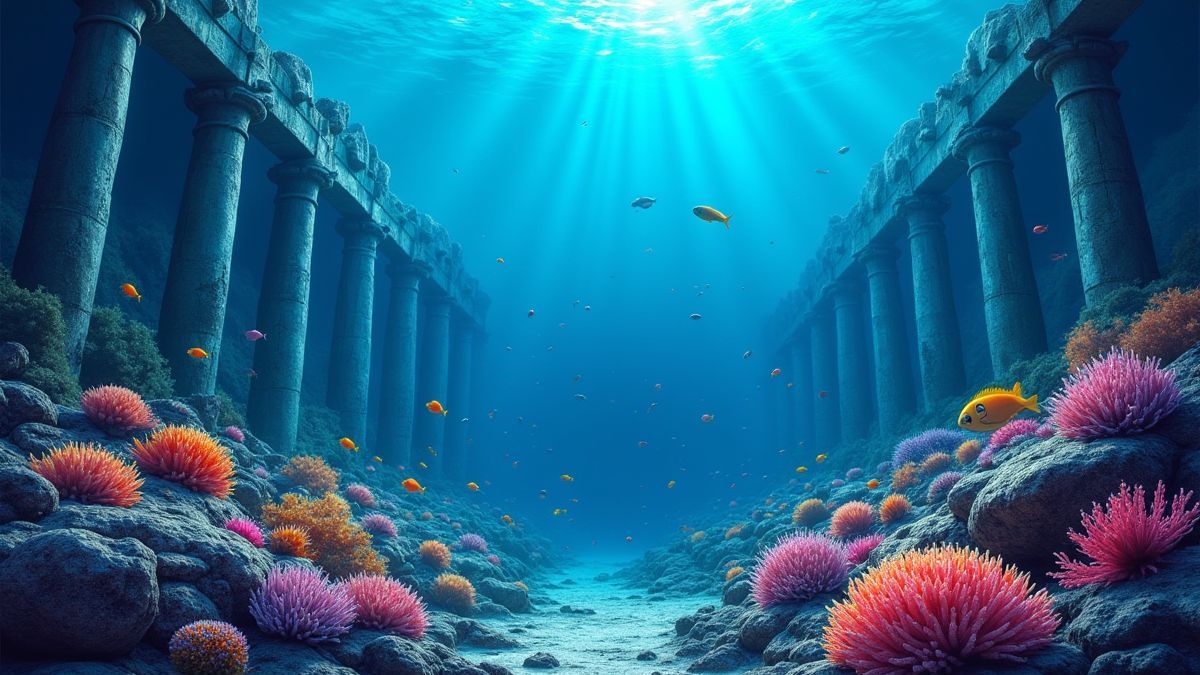 Un arrecife de coral brillante con peces coloridos alrededor de ruinas antiguas.