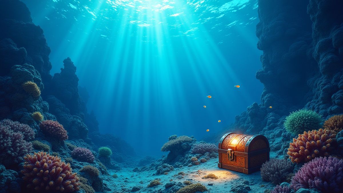 Unterwasser-Szene mit Korallenriffen und einer geheimnisvollen leuchtenden Schatztruhe.