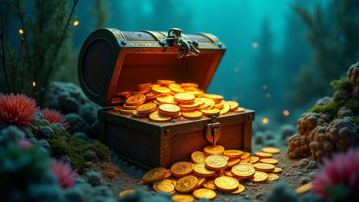Goldene Münzen, die aus einer Schatztruhe unter Wasser strömen.