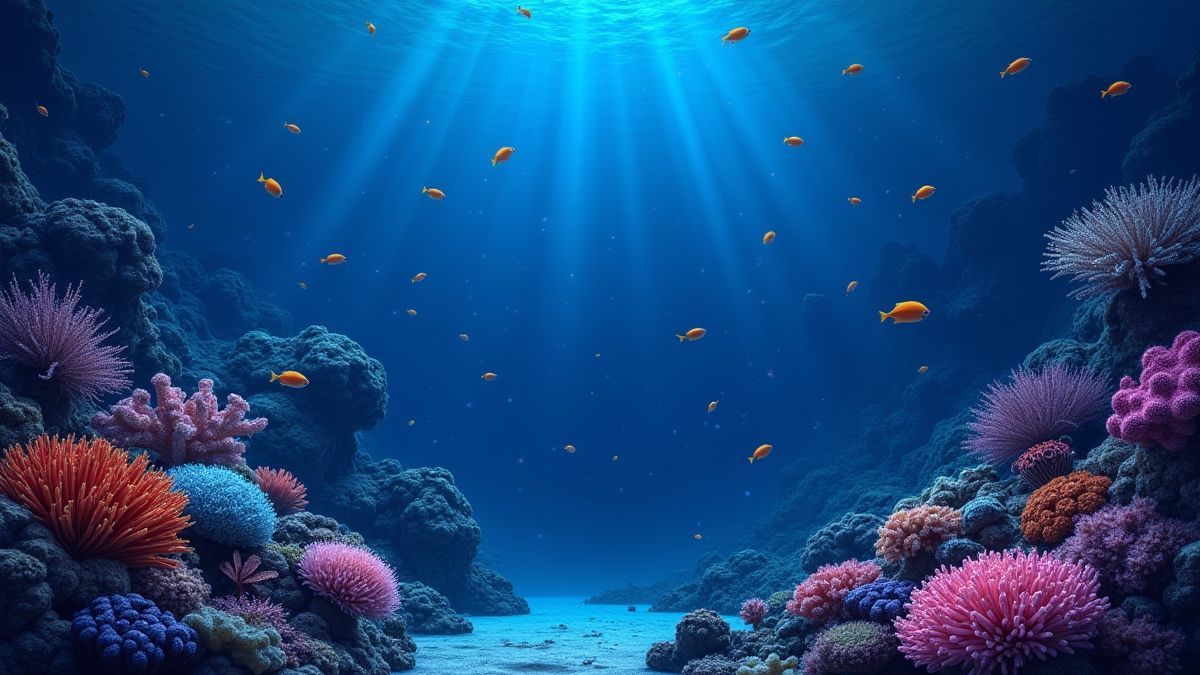 Ruhige Unterwasserszene mit Riffen und biolumineszenten Kreaturen.