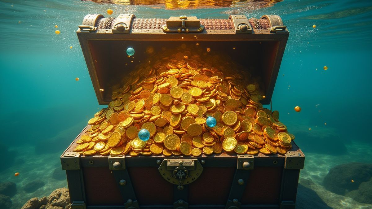 Ein Schatztruhe voller Goldmünzen und Juwelen unter klarem Wasser.