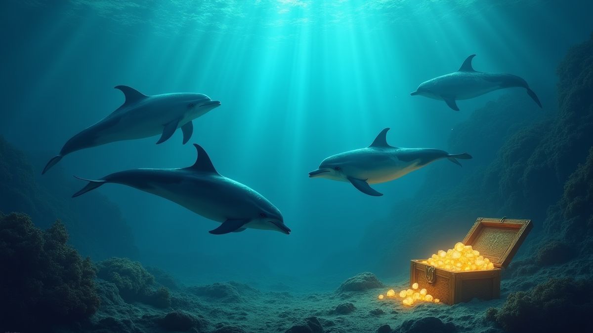 Delfines nadando cerca de tesoros brillantes bajo el agua.