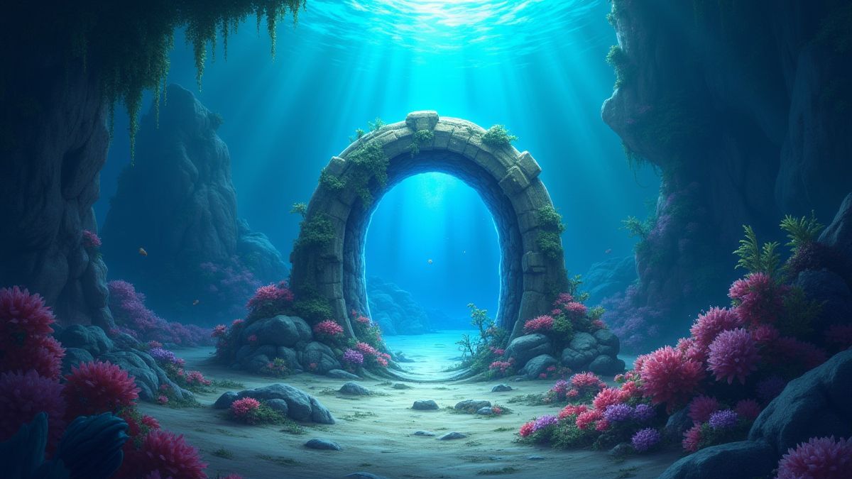 Un portal brillante que conduce a tesoros en un mundo submarino.