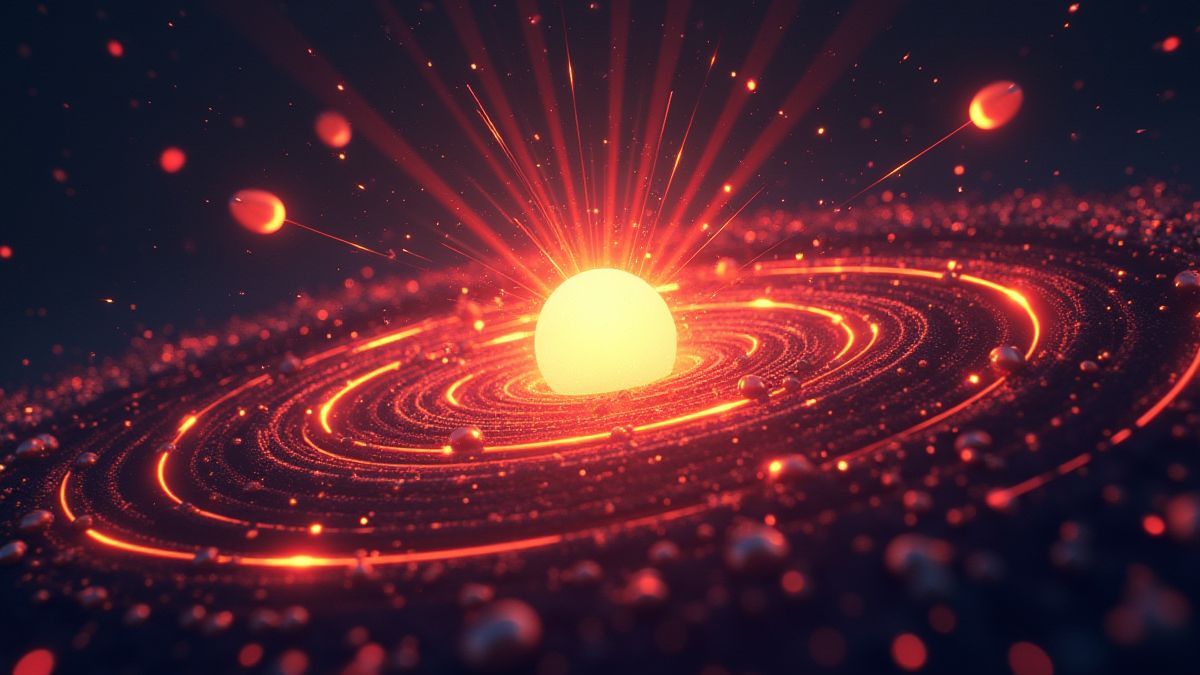 Stralende atoomdeeltjes in een retro-futuristisch ontwerp.