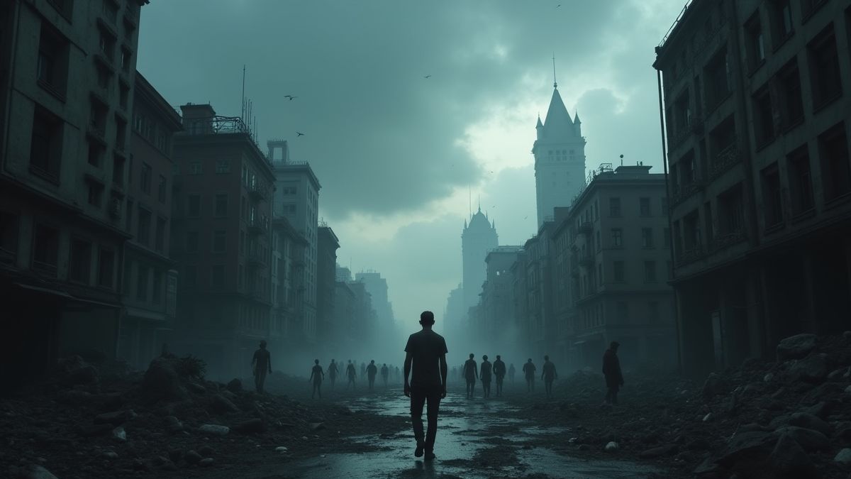 A destroyed city with zombies wandering under a gloomy sky.