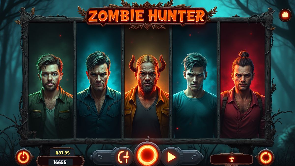 Game interface with reels and symbols of hunters and antidotes.