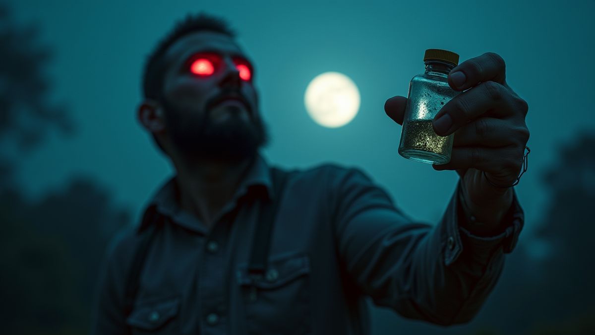 A victorious hunter holding an antidote vial under the moonlight.
