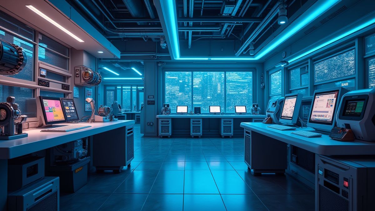 Futuristic laboratory with glowing equipment and monitors