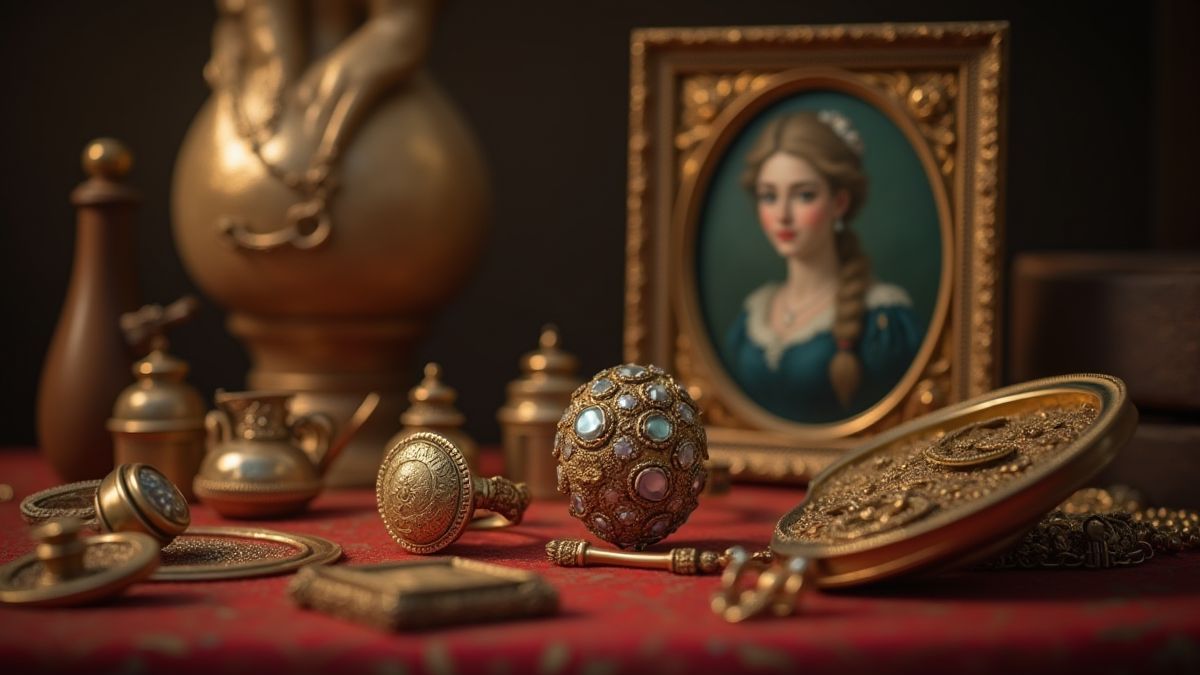 Objetos antigos como um colar de ouro e uma pintura vintage em um ambiente de leilão.