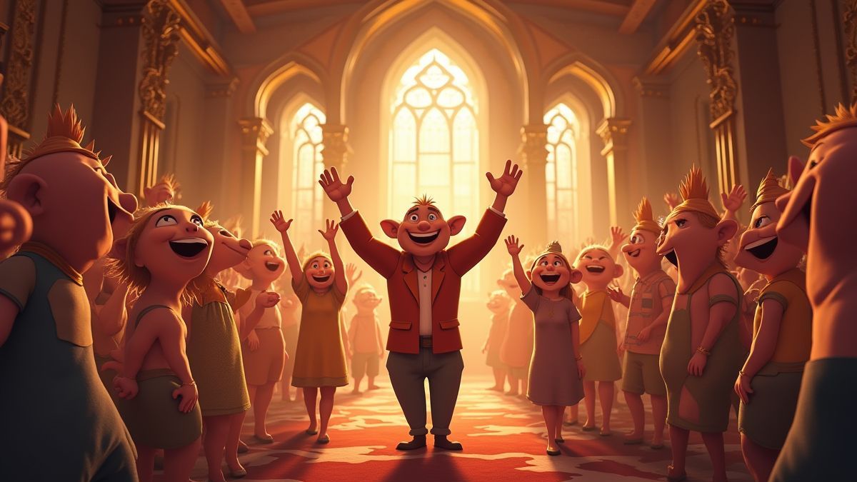 Personagens felizes celebrando em uma sala de leilões luxuosa.