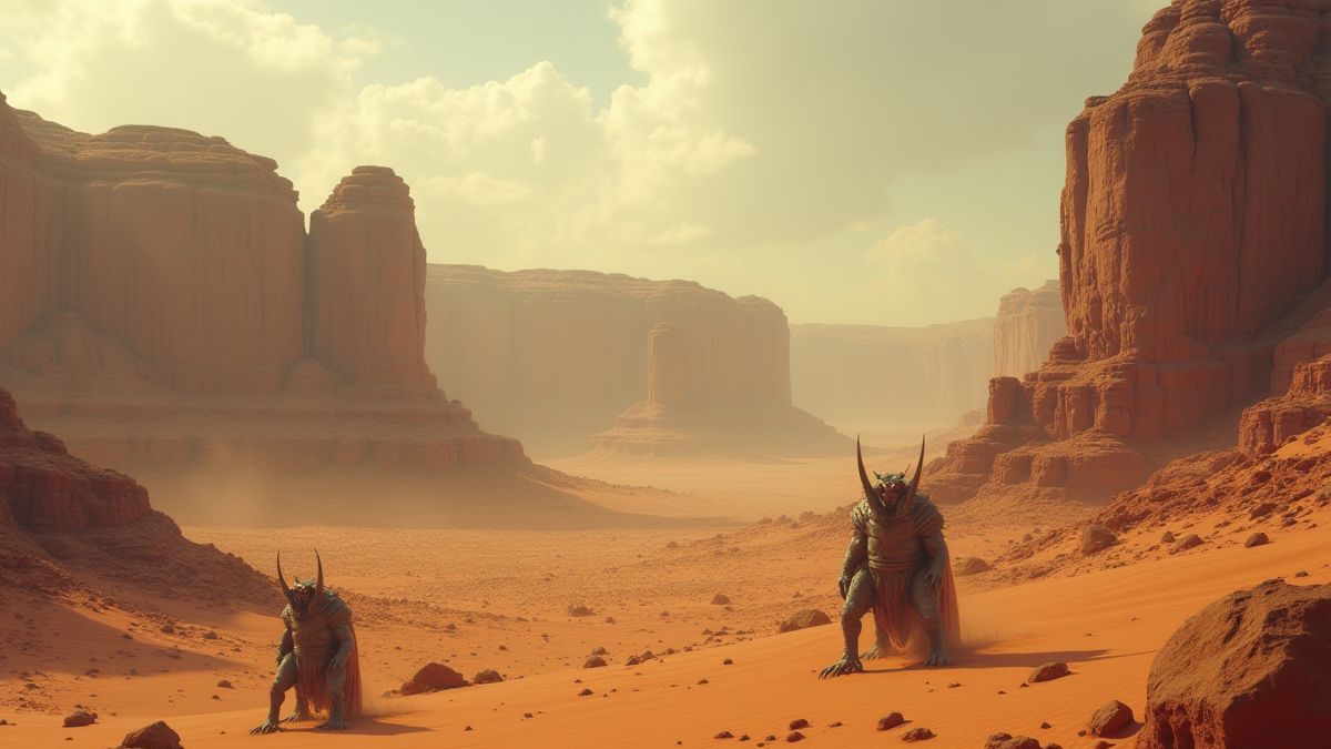 Paisaje desértico misterioso con criaturas escondidas detrás de las rocas.