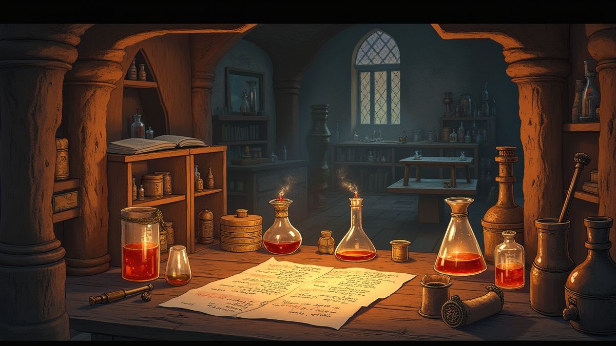 Laboratório de alquimia com líquidos brilhantes e ferramentas medievais.