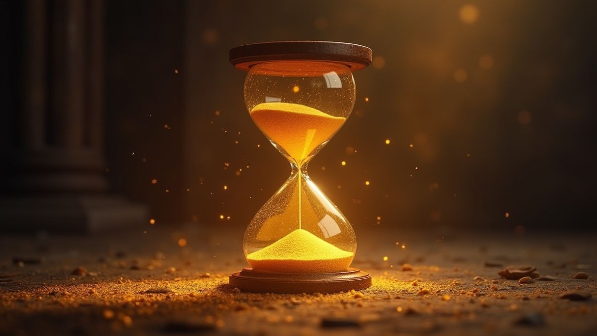 Reloj de arena com areia dourada brilhando em um ambiente medieval.