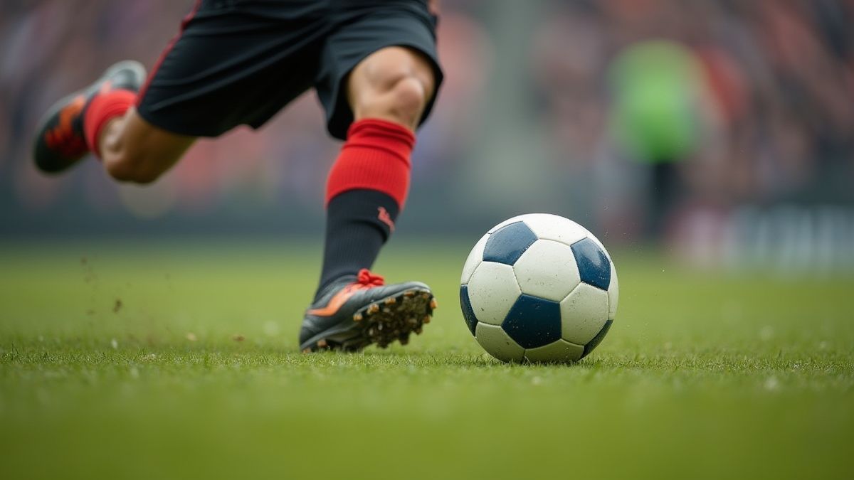 Australischer Fußballspieler in Aktion, der einen Ball tritt.