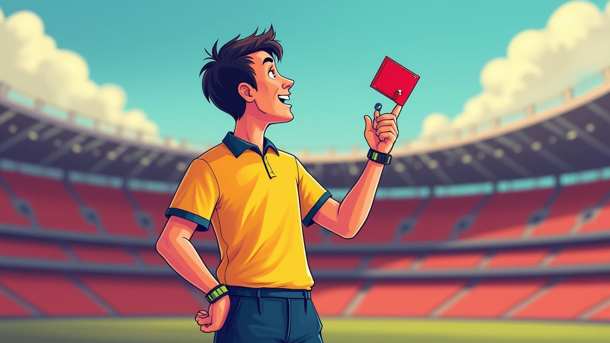 Schiedsrichter, der eine Pfeife in einem animierten Stadion hält.