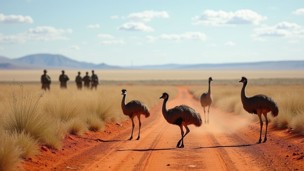 Paisagem do interior australiano com emus e soldados ao fundo.