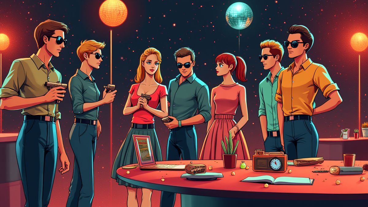 Cena retrô com gadgets de espião e bolas de disco.