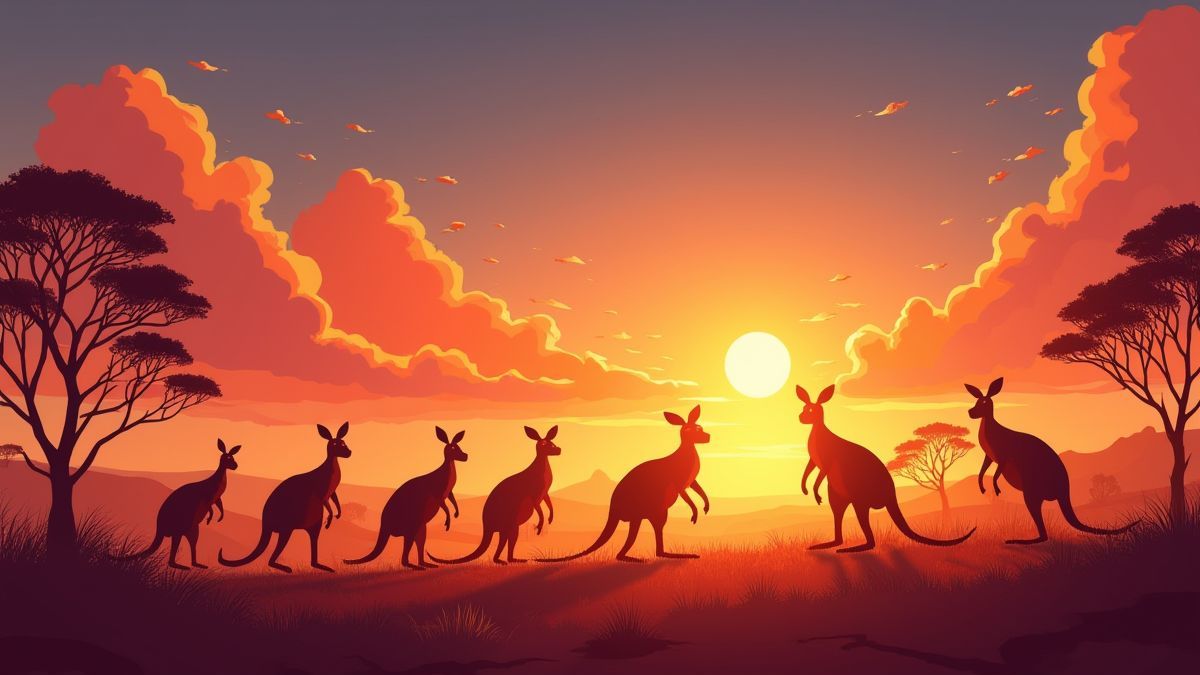 Canguros saltando no Outback australiano ao pôr do sol