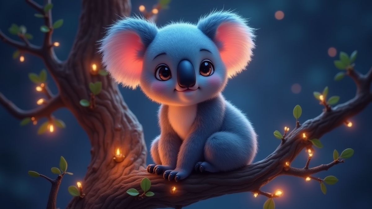 Koala mágico em uma árvore de eucalipto brilhante