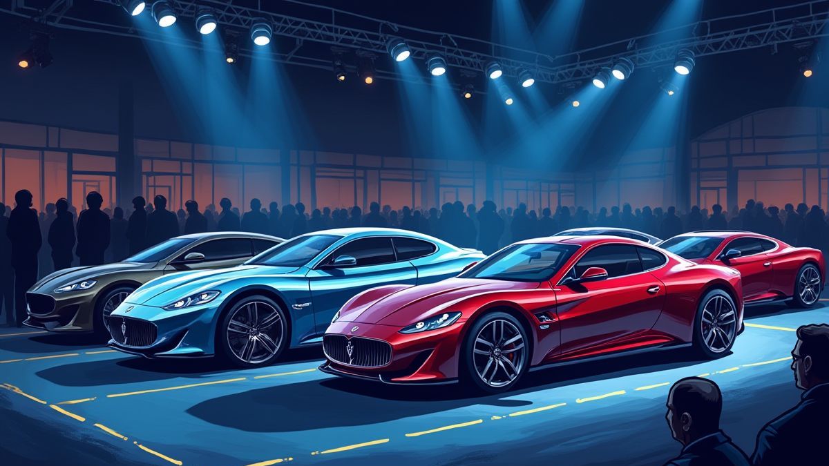 Carros de luxo em um palco de auto show com luzes brilhantes.
