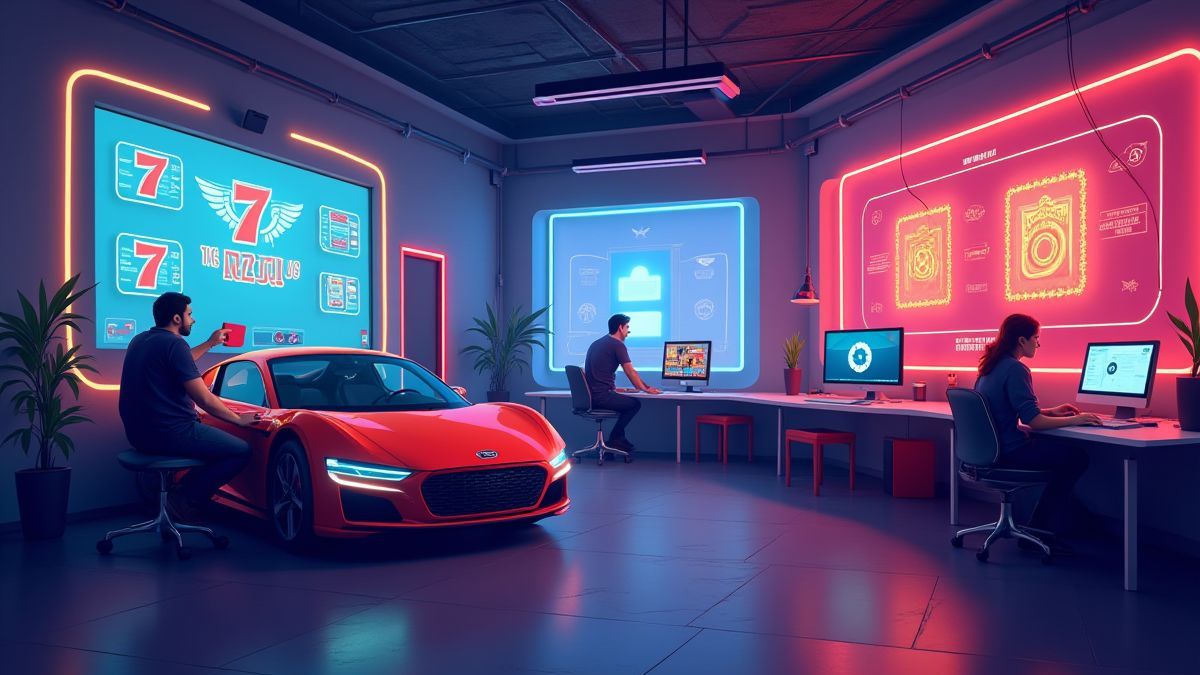 Estúdio de desenvolvimento de jogos criando máquinas caça-níqueis com temática de carros.