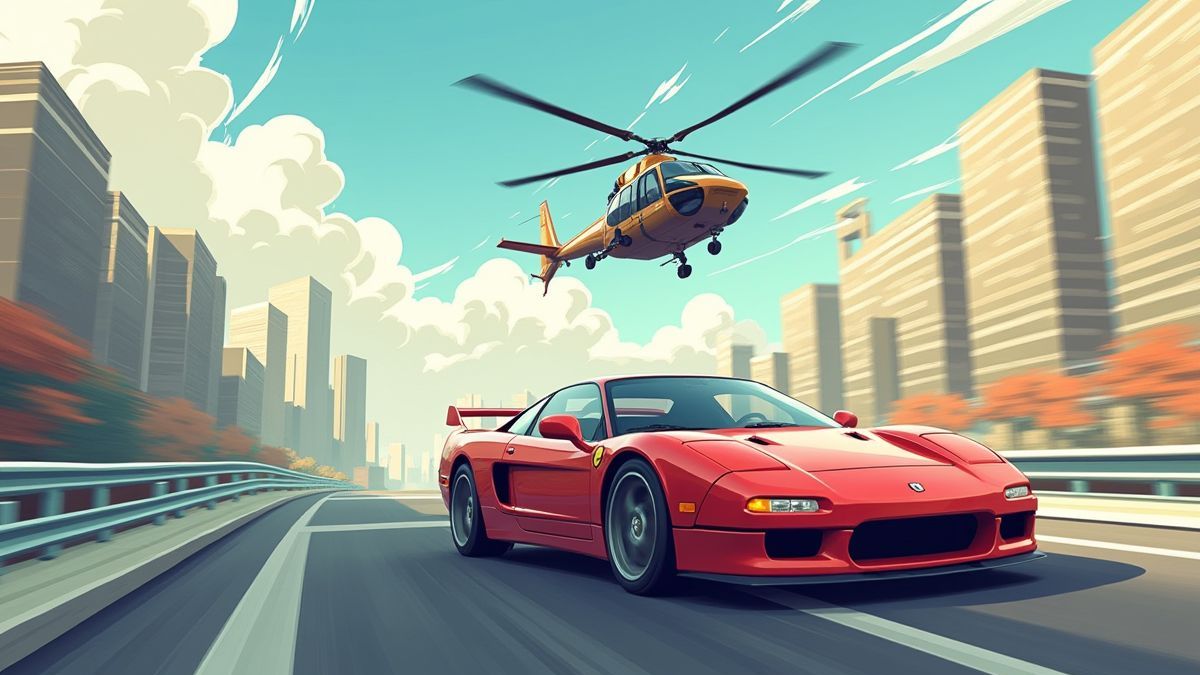 Helicóptero persiguiendo a un coche deportivo en una autopista urbana