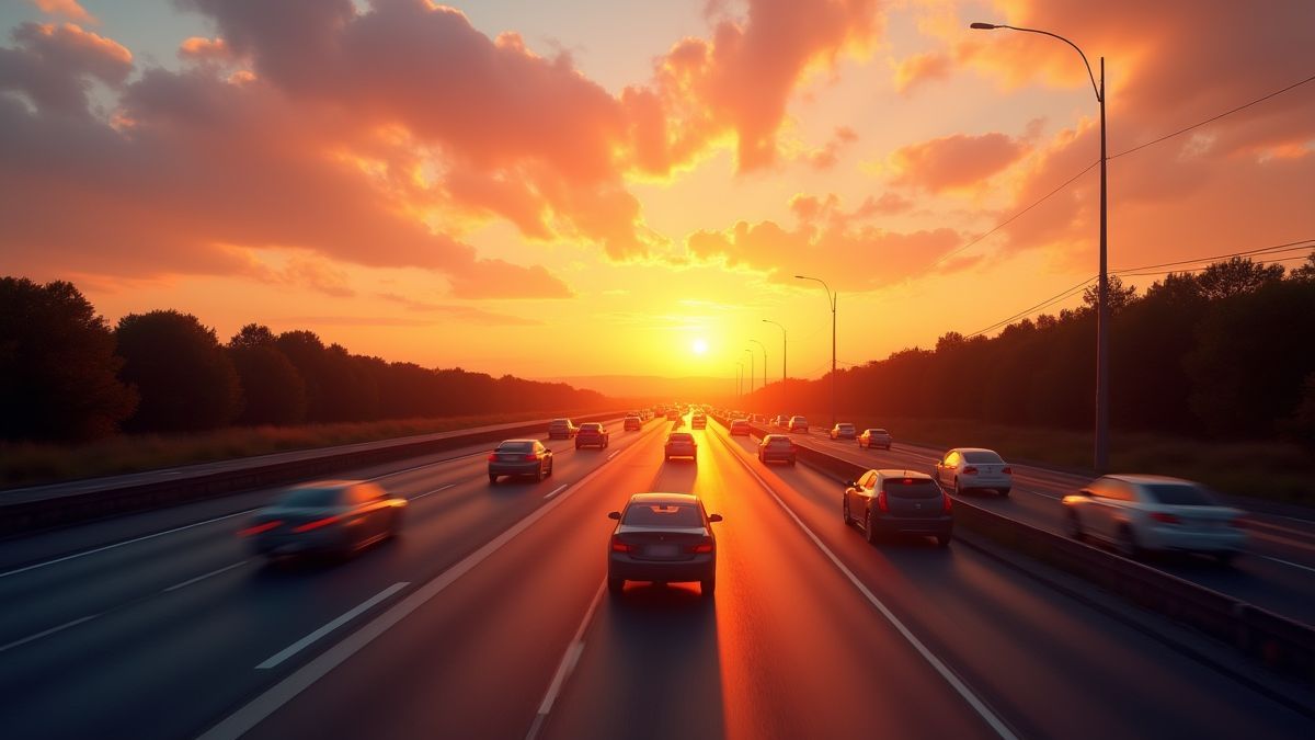 Autopista al atardecer con coches pasando a gran velocidad