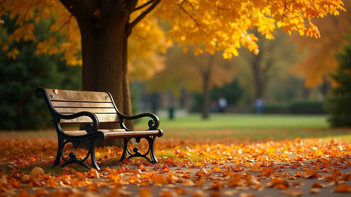 Banco en un parque otoñal rodeado de hojas caídas y árboles dorados.