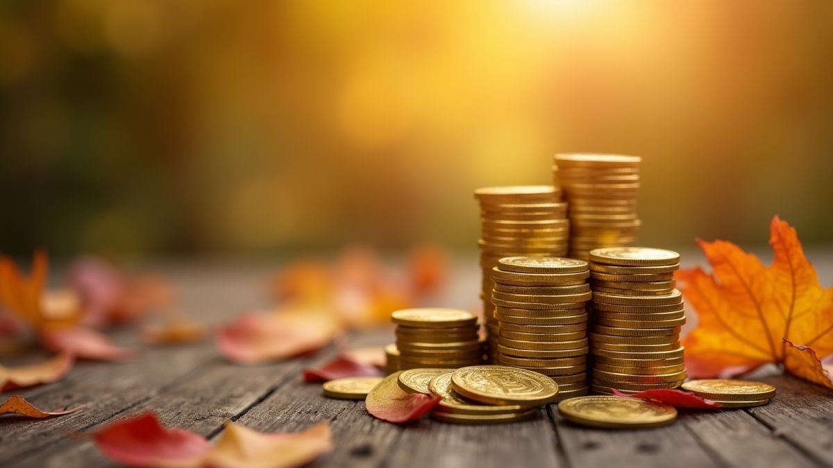 Montón de monedas doradas en una mesa de madera con hojas otoñales alrededor.