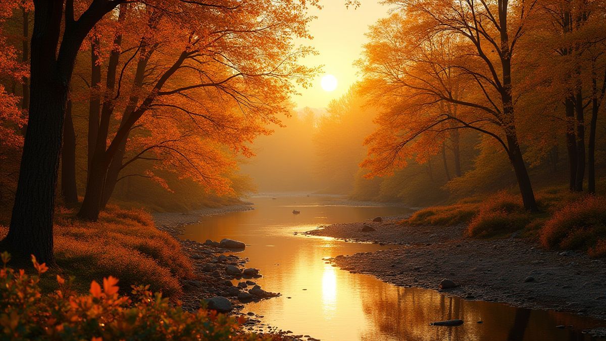 Uma floresta de outono com folhas douradas e um rio refletindo o pôr do sol.