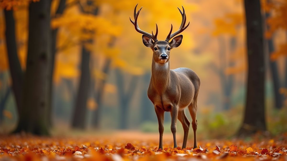Um cervo em uma floresta de outono cercado por folhas coloridas.