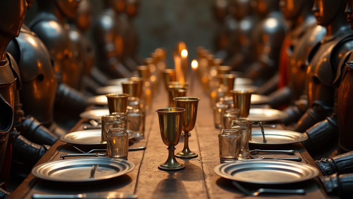Medieval table with golden goblets and silver plates surrounded by knights.