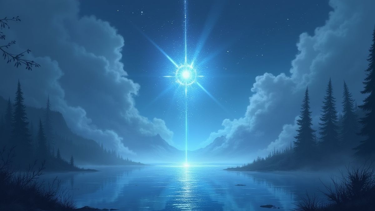 A shining lake surrounded by mystical fog with floating symbols.