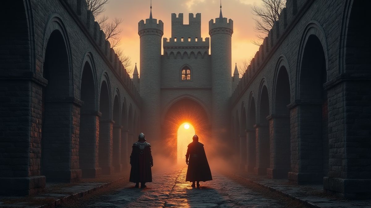 Medieval knights at the entrance of a glowing castle.