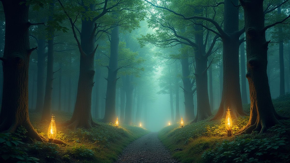 Bosque místico com runas mágicas brilhantes.