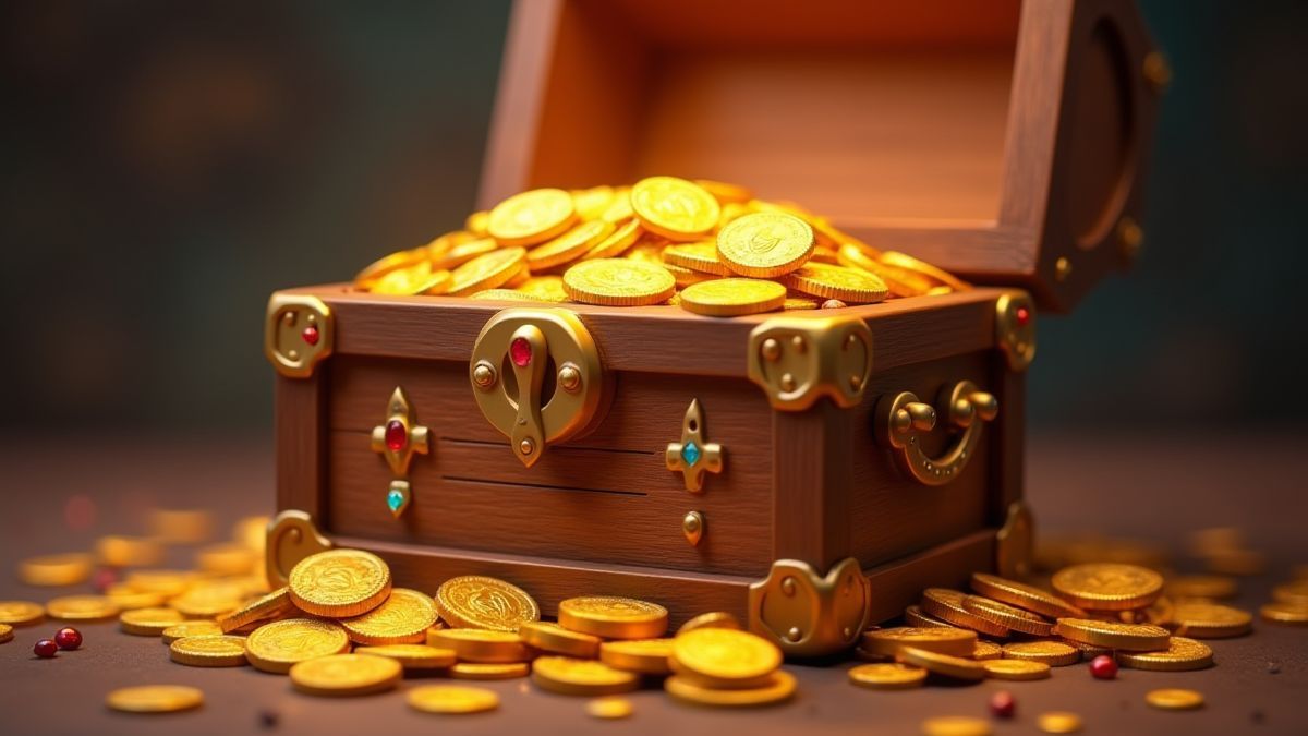 Cofre do tesouro cheio de moedas de ouro e joias.