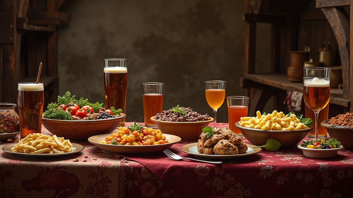 Mesa medieval com comida e bebidas.