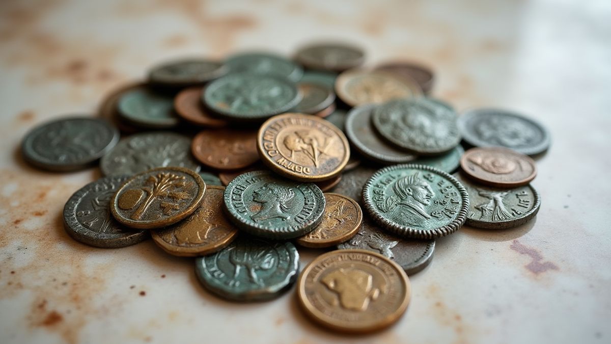 Monedas romanas sobre una mesa de mármol.
