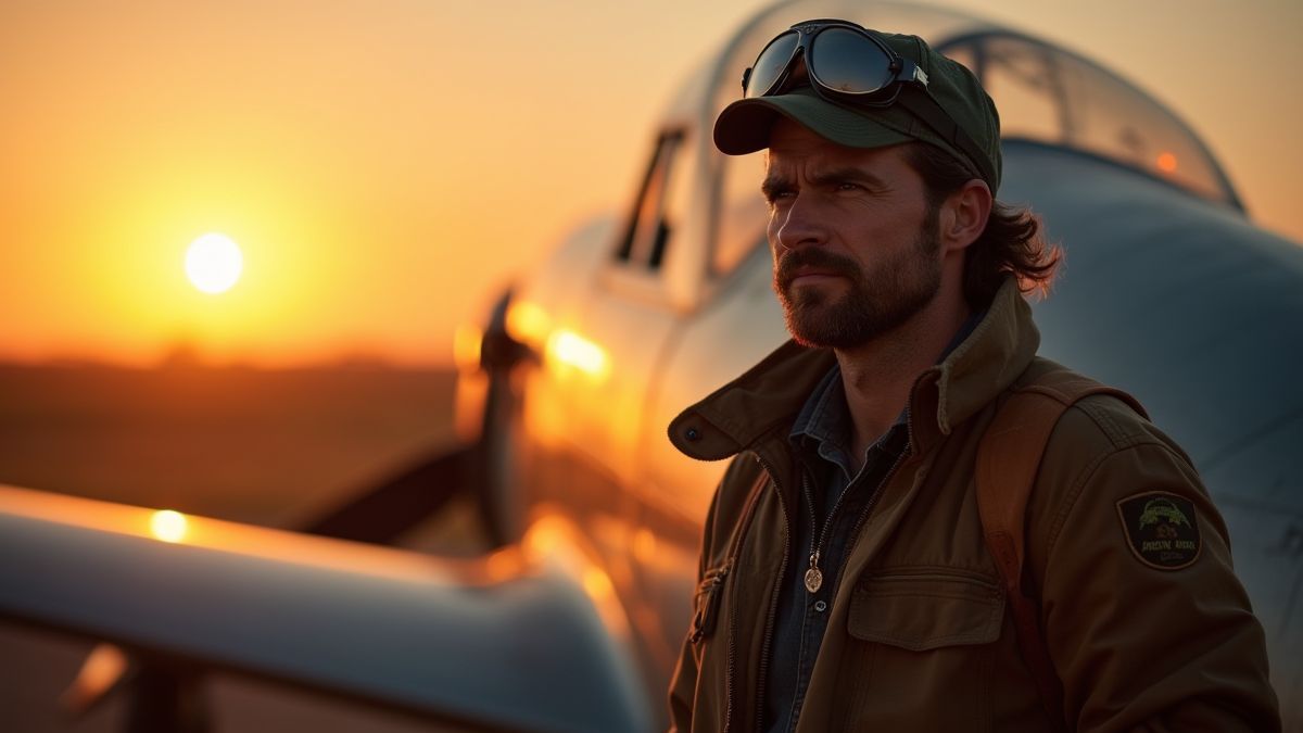 Ein Aviator neben einem alten Flugzeug mit einem Sonnenuntergang im Hintergrund.