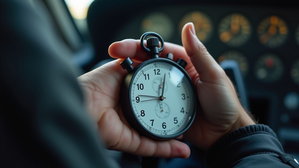 Eine Stoppuhr und die Hand eines Piloten, die Zeit und Strategie symbolisieren.