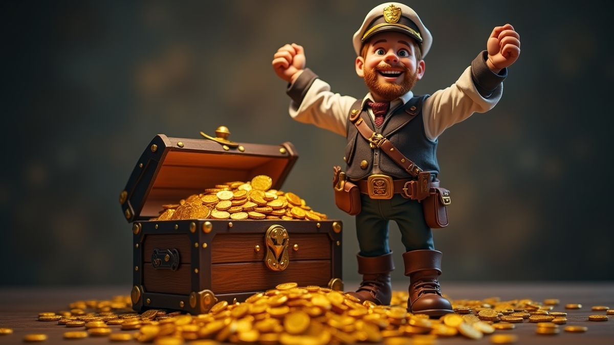 Ein Pilot feiert vor einer Schatztruhe voller Goldmünzen.